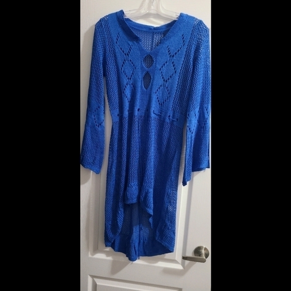 TRÏBE Crocheted lace high low swimsuit cover up  beach dress navy blue O/S NWT - Picture 5 of 7